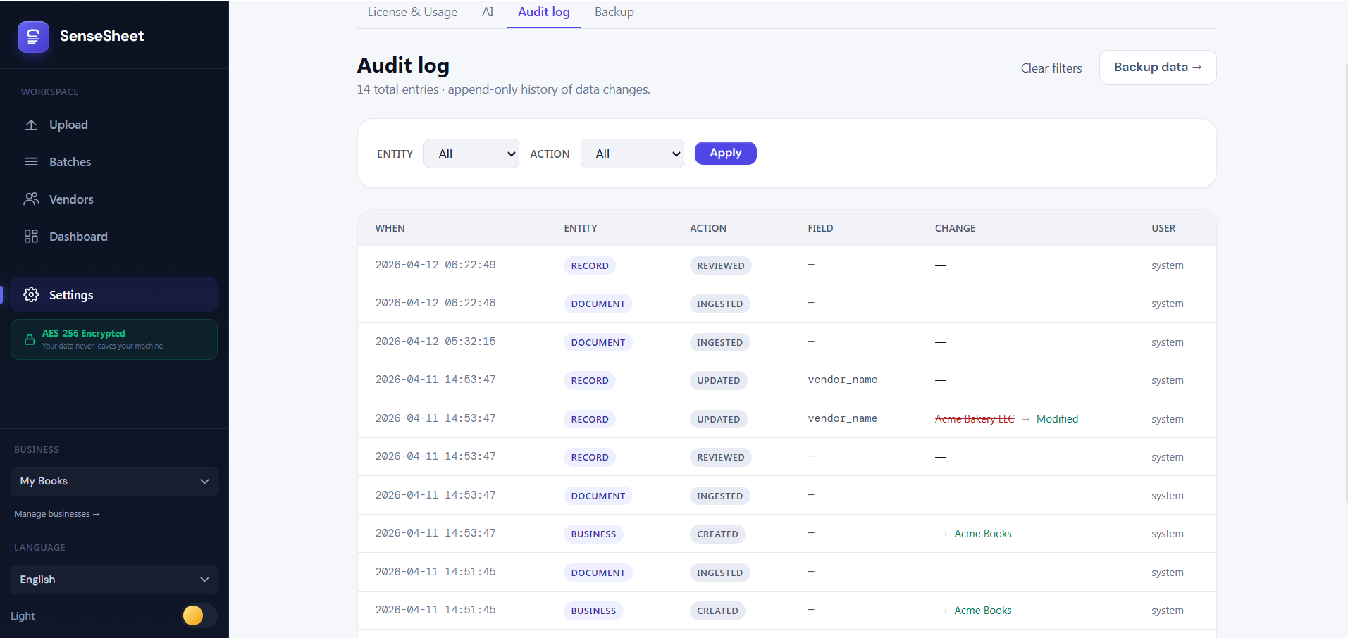 JuSenseSheet audit log